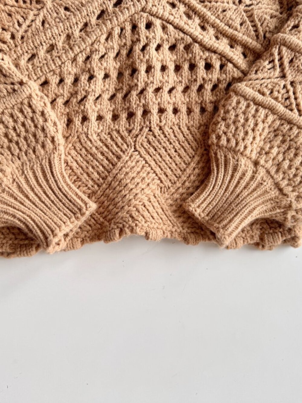 ZARA Tan Acrylic Wool Crochet Pointelle Knit Puff Sleeve Sweater, Size M - Picture 10 of 14